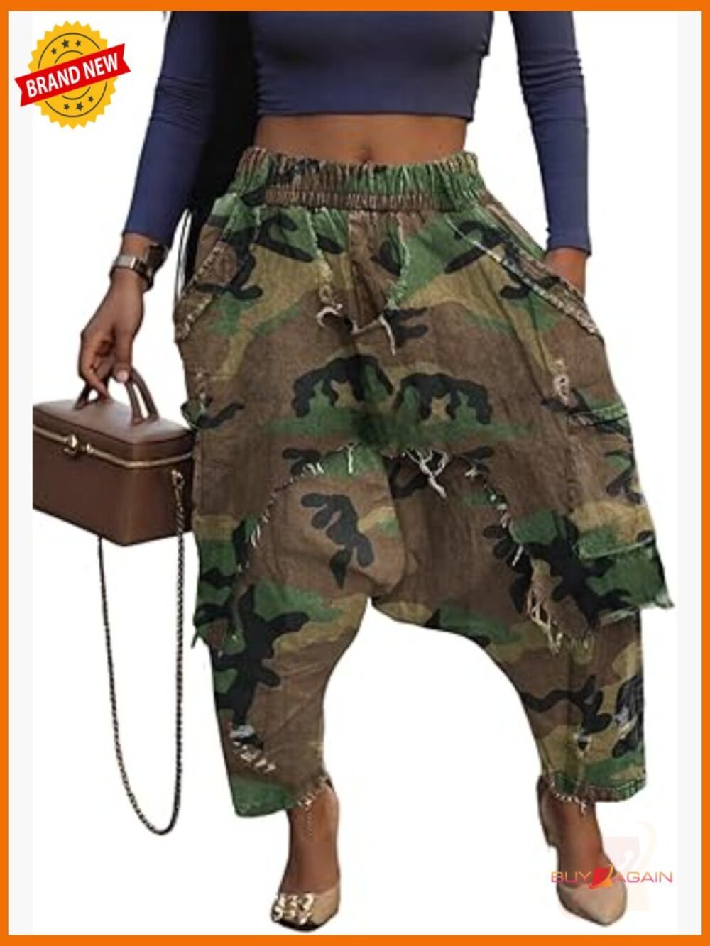 Baggy Harem Jeans Elastic Waist Wide Leg Barrel Cargo Patchwork Ripped Hippie
